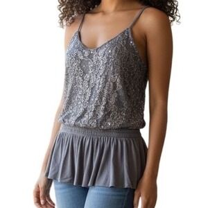 EXPRESS Gray Sequin and Lace‎ Peplum Cami Tank Top Size Small
